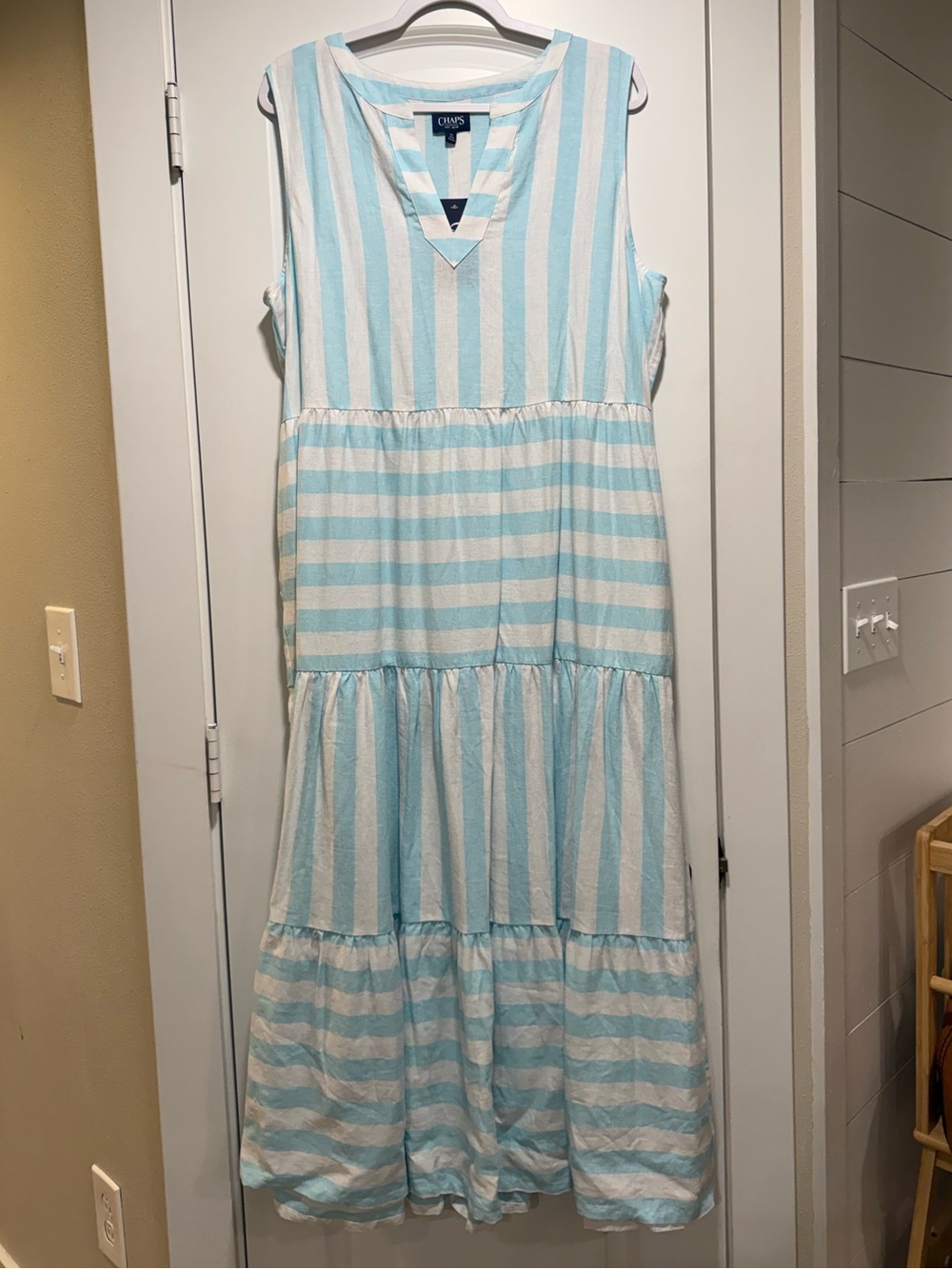 Chaps Sleeveless Tiered Maxi Dress in Light Blue and White Stripes with Pockets